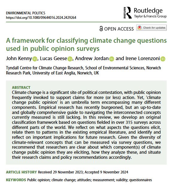 screenshot of article abstract, reads: Climate change is a significant site of political contestation, with public opinion frequently invoked to support claims for more (or less) action. Yet, ‘climate change public opinion’ is an umbrella term encompassing many different components. Empirical research has recently burgeoned, but an up-to-date and globally comprehensive guide to navigating the interconnected concepts currently measured is still lacking. In this review, we develop an original classification framework based on questions fielded in over 315 surveys across different parts of the world. We reflect on what aspects the questions elicit, relate them to patterns in the existing empirical literature, and identify and reflect on important implications for future research... 