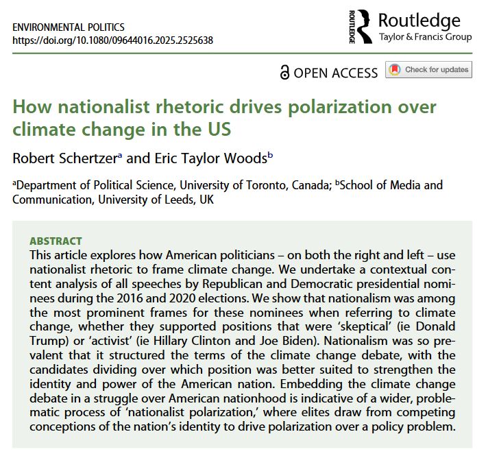 ABSTRACT
This article explores how American politicians – on both the right and left – use nationalist rhetoric to frame climate change. We undertake a contextual content analysis of all speeches by Republican and Democratic presidential nominees during the 2016 and 2020 elections. We show that nationalism was among the most prominent frames for these nominees when referring to climate change, whether they supported positions that were ‘skeptical’ (ie Donald Trump) or ‘activist’ (ie Hillary Clinton and Joe Biden). Nationalism was so prevalent that it structured the terms of the climate change debate, with the candidates dividing over which position was better suited to strengthen the identity and power of the American nation. Embedding the climate change debate in a struggle over American nationhood is indicative of a wider, problematic process of ‘nationalist polarization,’ where elites draw from competing conceptions of the nation’s identity to drive polarization over a policy problem.