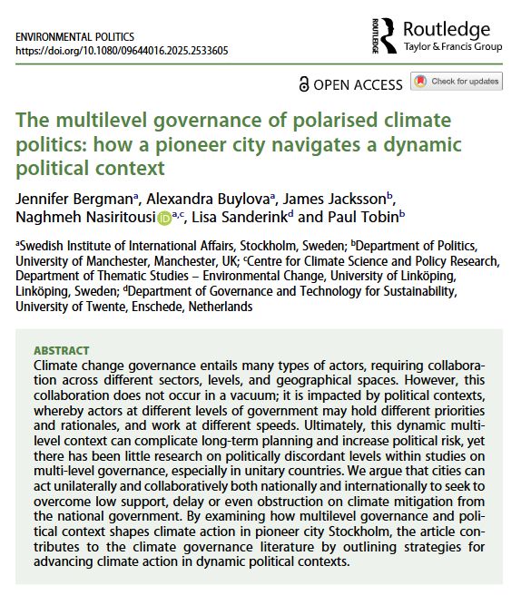 ABSTRACT
Climate change governance entails many types of actors, requiring collaboration across different sectors, levels, and geographical spaces. However, this collaboration does not occur in a vacuum; it is impacted by political contexts, whereby actors at different levels of government may hold different priorities and rationales, and work at different speeds. Ultimately, this dynamic multi-level context can complicate long-term planning and increase political risk, yet there has been little research on politically discordant levels within studies on multi-level governance, especially in unitary countries. We argue that cities can act unilaterally and collaboratively both nationally and internationally to seek to overcome low support, delay or even obstruction on climate mitigation from the national government. By examining how multilevel governance and political context shapes climate action in pioneer city Stockholm, the article contributes to the climate governance literature by outlining strategies for advancing climate action in dynamic political contexts.