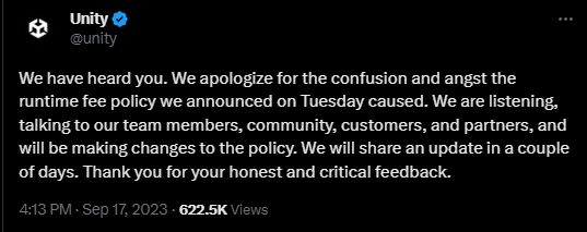 Screenshot of unity posting that they are going to make changes to their new policy that charges gamedeves for every time their game is installed.