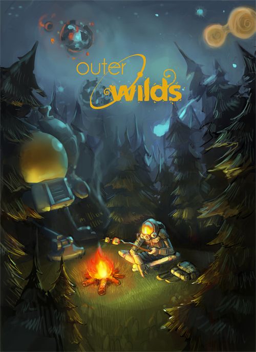 Poster for the game outer Wilds featuring an astronaught toasting a marshmallow in the woods