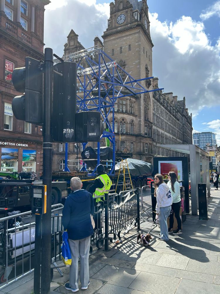 A large blue frame on the back of a trailer, used for filming of the new Spider-Man movie in Glasgow.