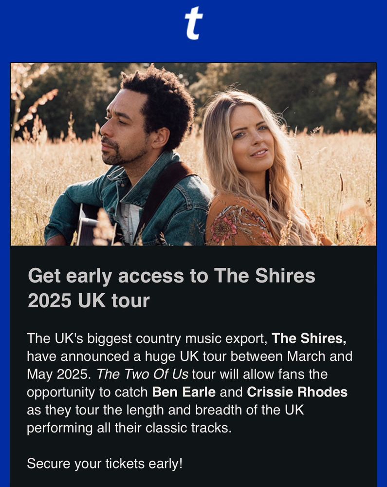 A screenshot of an email from Ticketmaster, promoting a ‘UK tour’ by country act The Shires.