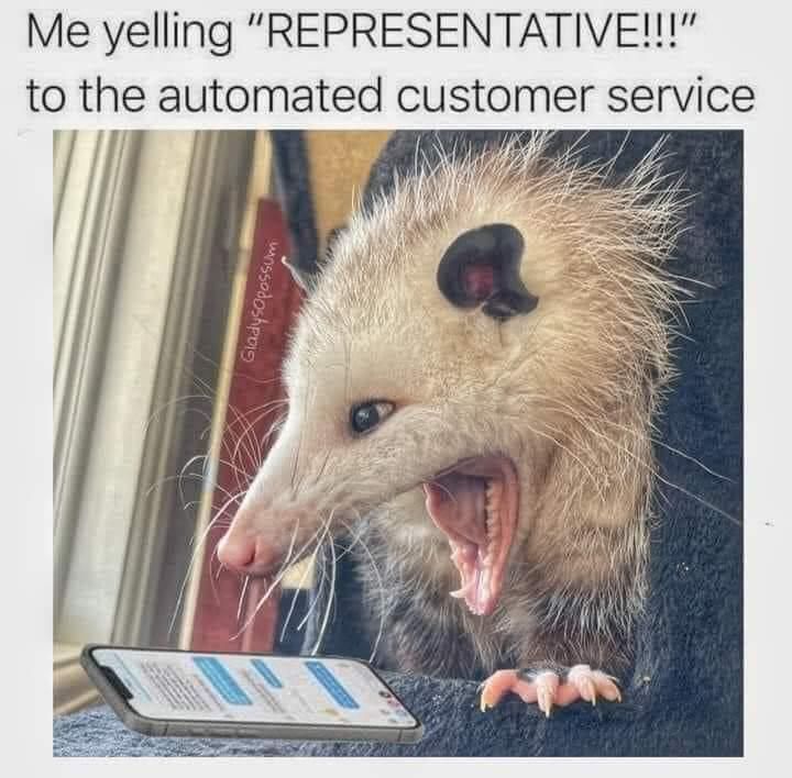 a possum doin a heckin screm into the phone. The image says 'Me yelling "REPRESENTATIVE!!!" to the automated customer service'.
