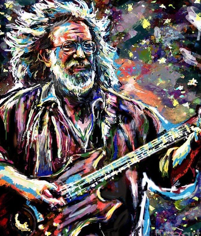 Jerry Garcia water color with the wind blowing back his hair, or maybe it's an amp, he is playing his guitar. 