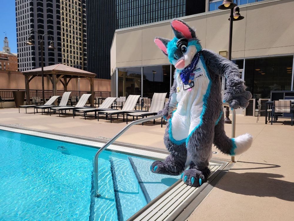 Someone in a gray and white wolf fursuit with blue and pink accents holding on to a railing and. pretending to step into the shallow end of a pool