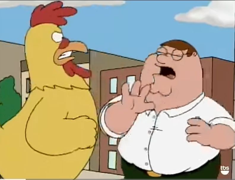 Ernie, the giant cartoon chicken from "family guy" about to give Peter a right hook to the jaw