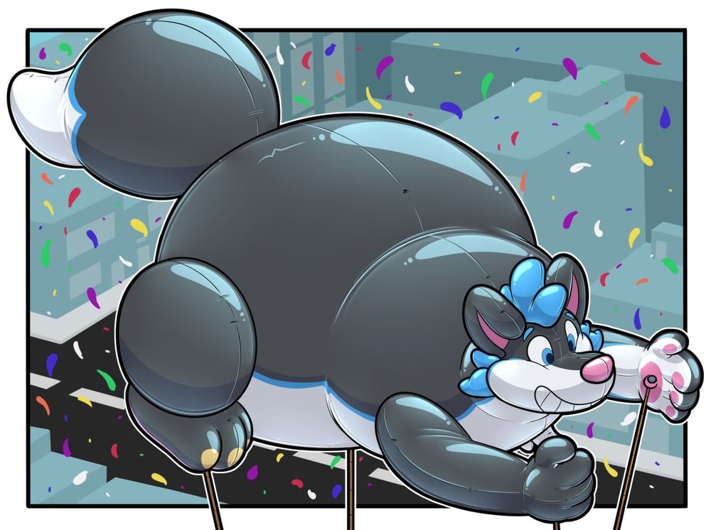 Lobo is fully inflated and tethered high above the city for the Thanksgiving parade!