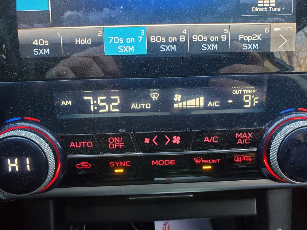 Picture of my Subaru climate control panel showing an outdoor temperature of -9F