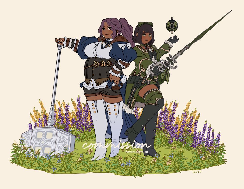 two final fantasy xiv ocs posing with their weapons in a field of flowers #nevdrawings #commission #ff14