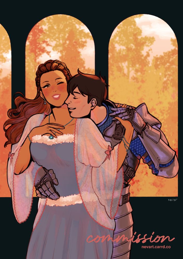 Queen Cousland and Carver Hawke from Dragon Age Origins and Dragon Age 2. He is wearing Grey Warden armor and hugging her from behind, holding hands with her and kissing her neck. She's smiling at him, wearing a blue/purple (?) dress with a pink lace cardigan #nevdrawings #commission #dragonageorigins #dragonage2 #carverhawke #hof