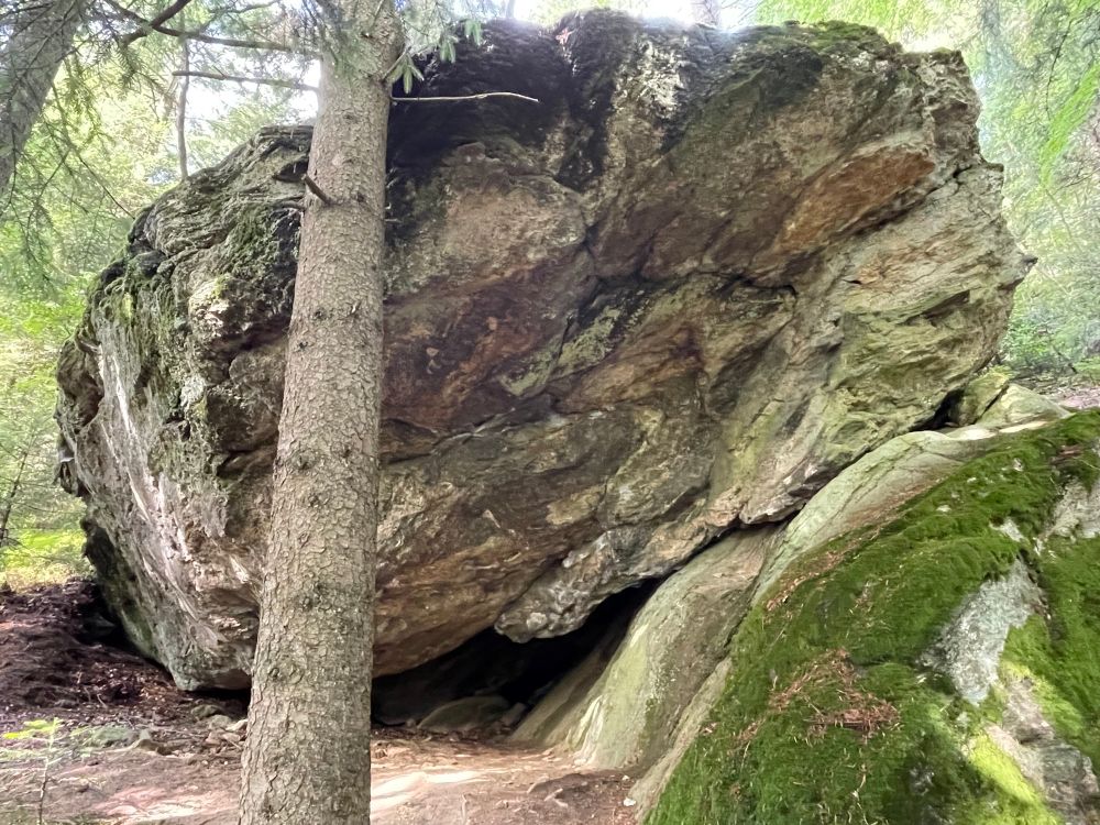 Arbergneis, gigantischer Monolith, haushoch, formatsprengend im Bild, verkippt auf aus dem Boden ragendem Fels rechts umgelagert, damit verzahnt, großer dunkler Spalt auf der linken unteren Seite zum Boden.
Großer Fichtenstamm kommt im Vordergrund von unten vor dem Felsquader nach oben in den  Bildrnd verschwindend.
Moos oben auf dem Felsblock und dem Fels, changierende Grautöne auf dem Fels. Nur das Moos ist dunkelgrün.
Der Fichtenstamm ist heller im Lucht.
Hinter dem Fels erahnt man in zarten Farben den hellen lichten Mischwald 