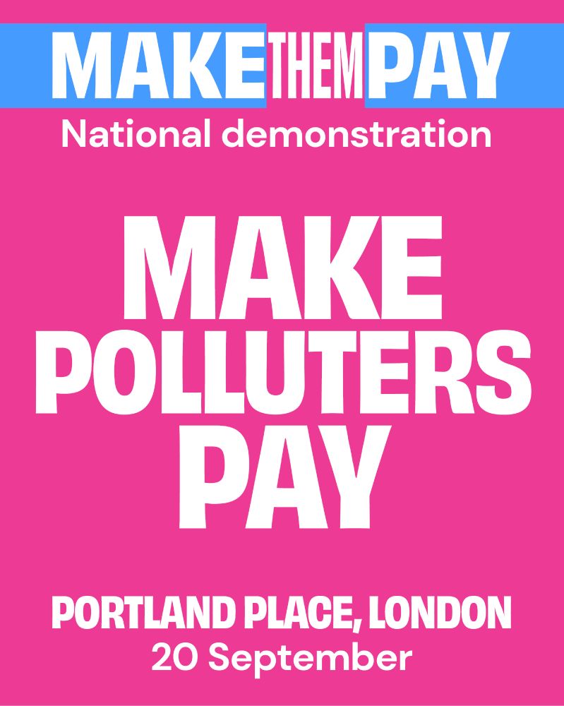 White writing on a pink background, reading "Make Polluters Pay" and details of a national demonstration