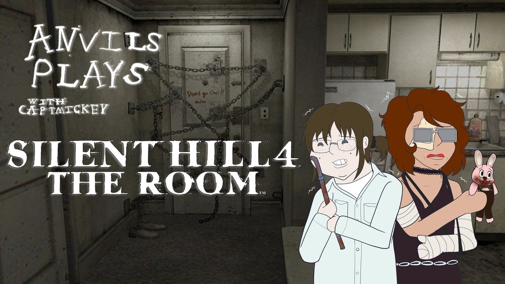 Stream thumbnail for Silent Hill 4 The Room featuring a screenshot of the game and drawings of the two streamers dressed as Henry and Eileen. The woman on the left is shaking as she holds a rusted pipe while the woman on the right is shaking while holding a Robbie the Rabbit doll. The text reads: "ANVILS PLAYS WITH CAPTMICKEY SILENT HILL 4 THE ROOM."