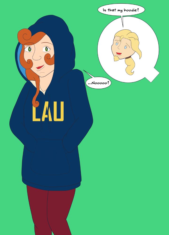 Fanart of Guybrush and Elaine Threepwood from Monkey Island. Elaine is wearing and all snuggled up in a dark blue hoodie with yellow lettering reading, "LAU." A little chibi head of Guybrush asks, "Is that my hoodie?" Elaine replies, "...Nooooo?"