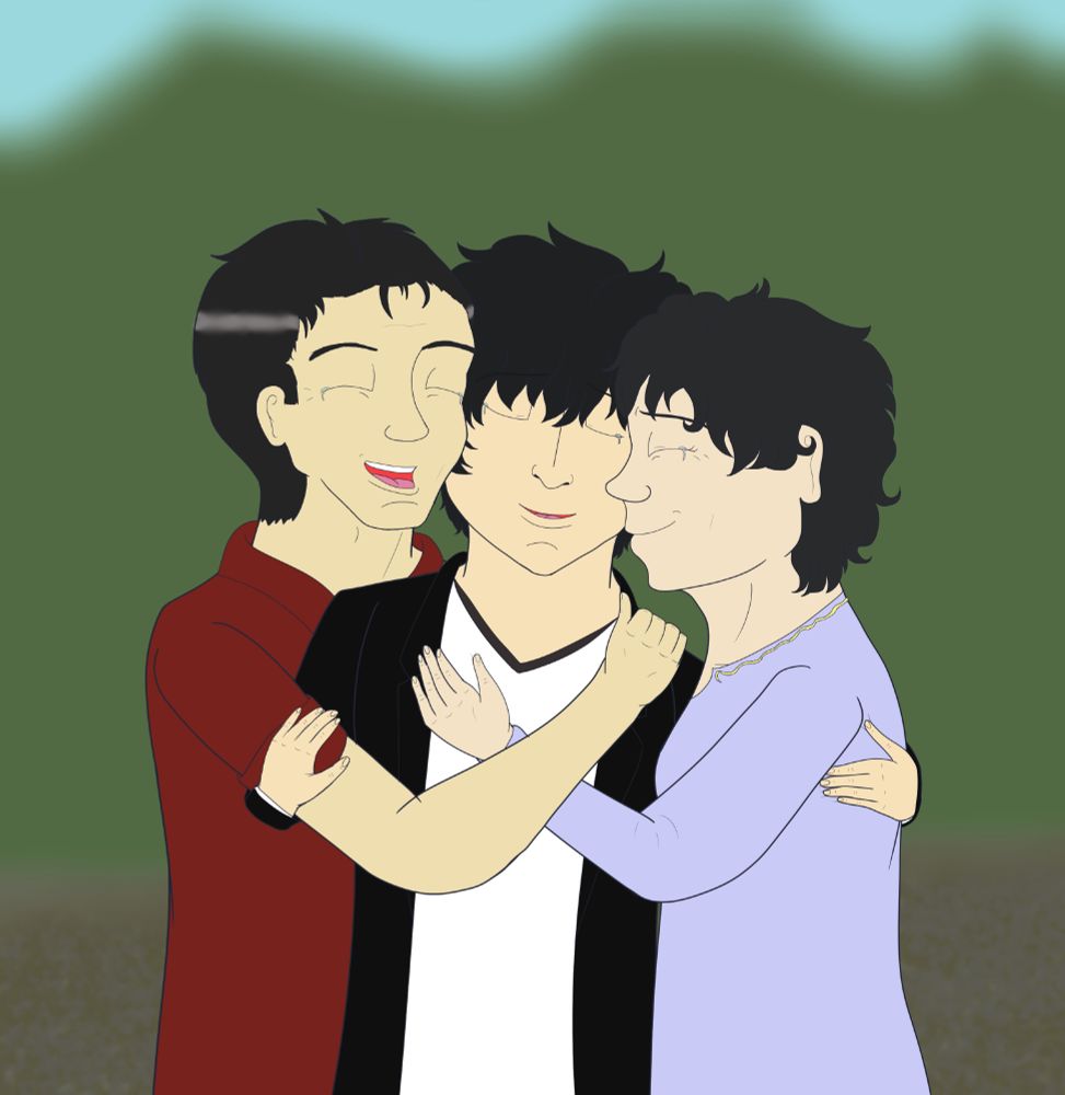 Fanart of Akira Kurusu/Joker from Persona 5. He is being hugged by his parents, all three of them are smiling and crying from joy.