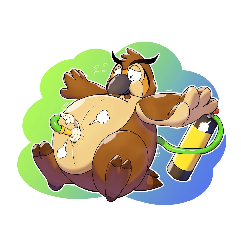 The hose has popped open his belly valve and pushed in. The owl looks worried as he's suddenly swelling up, arms splayed to the sides.