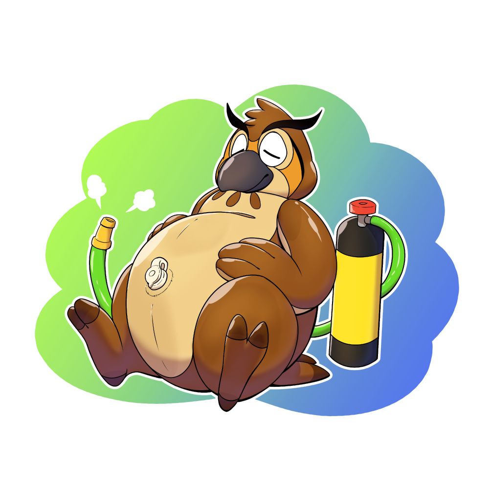 A brown pooltoy owl with a big cream belly is resting, sitting on his butt and leaning back. A helium tank is to his left with a leaking hose that wraps around his back to his right.