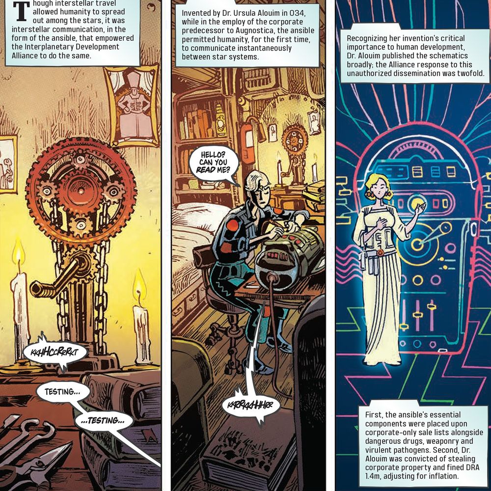 Section of a comic page from the series Free Planet, available in shops Wednesday August 13th, showing Hora (former Teomekhean abbot, current revolutionary mechanic) attempting interstellar communication using an ansible. Accompnaying text details the history of the creation of the ansible and its inventor, Dr. Ursula Alouim.