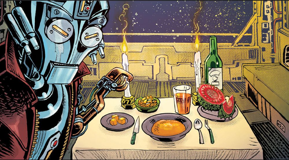 Talun from Free Planet welcomes the viewer to a table spread with a feast for one that is both hearty and spartan consisting of farina porridge, cane sugar and almonds, supplemented by rare delicacies; a succulent spiny melon and black market liquer.