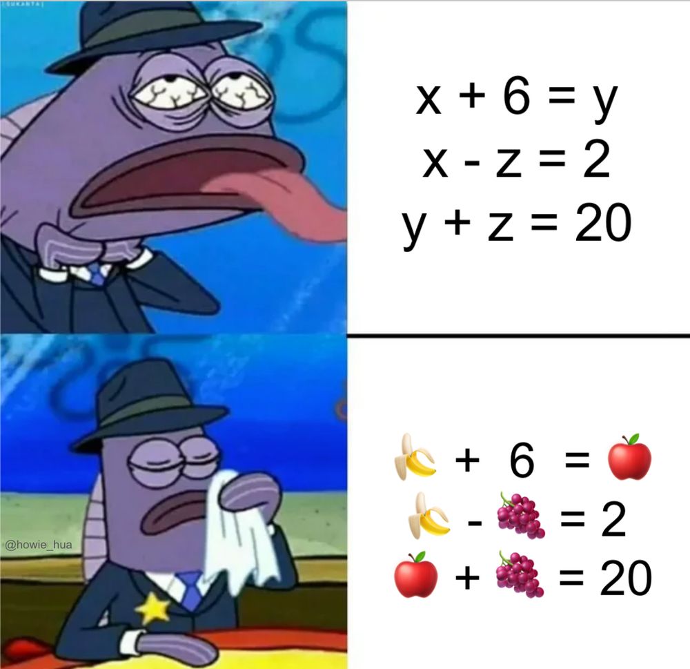 Health inspector from Spongebob choking: x+6=y, x-z=2, y+z=20

Health inspector from Spongebob wiping his mouth with a napkin: same 3 equations but with a banana replacing x, apple replacing y, and grapes replacing z.