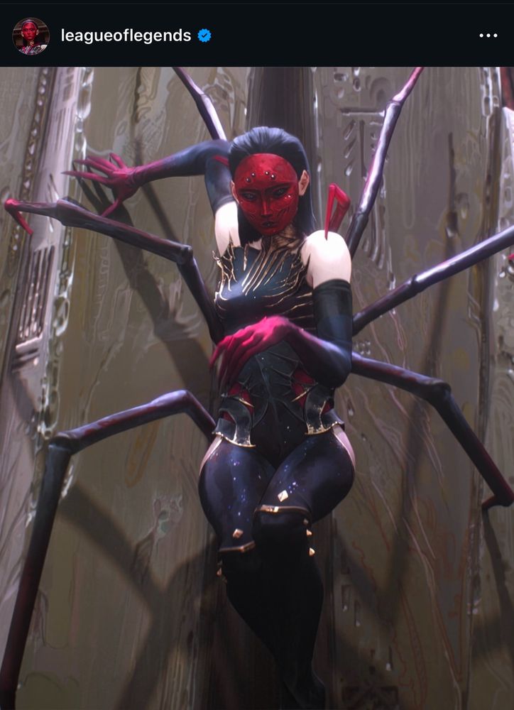 Elise the spider inspired league of legends champion with a red mask and spider like legs.
