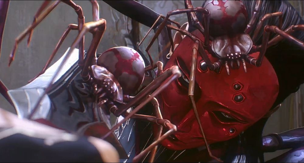 Elise from league of legends, a spider inspired champion with a red mask and two spiders crawling on her.