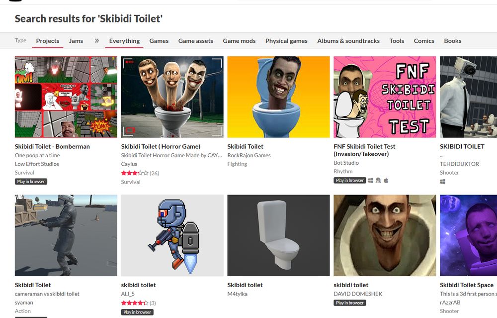 Full search for Skibidi Toilet returns dozens of results