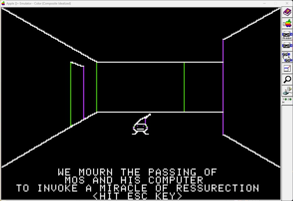 I am killed in the wireframe 3d dungeon by a Gremlin - a tiny round face with feet wearing a pointy hat