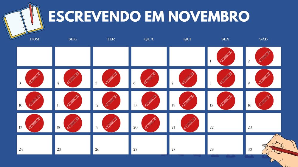 Imagem com fundo azul escuro e o calendário de Novembro de 2024 ocupando a maior parte. Os dias até o 21 estão preenchidos por uma bolinha vermelha com um lápis dentro. Em cima tá escrito Escrevendo em Novembro, no canto esquerdo superior tem um caderninho aberto com uma caneta e no canto direito inferior tem uma mão segurando uma caneta.