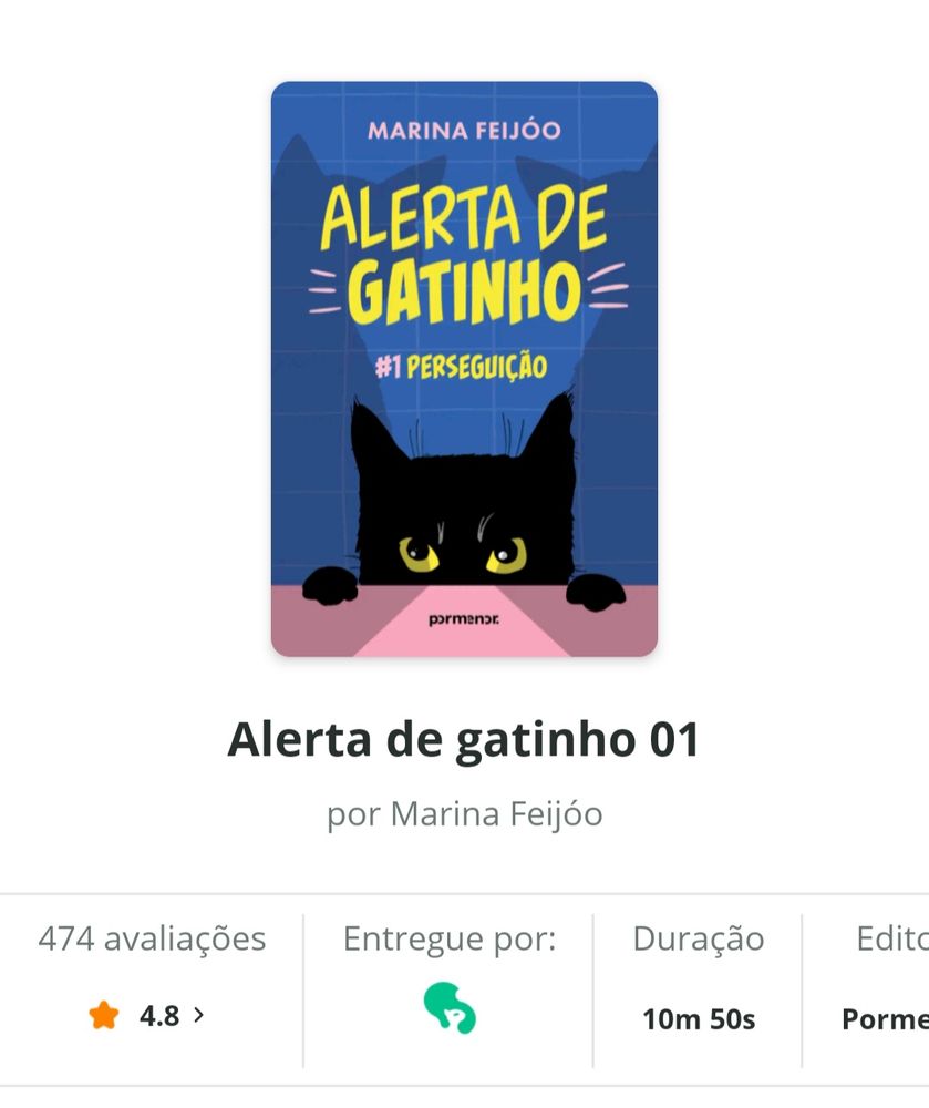 Print do primeiro capítulo de Alerta de Gatinho no Skeelo mostrando que tá com 474 avaliações e uma média de 4.8 estrelas.