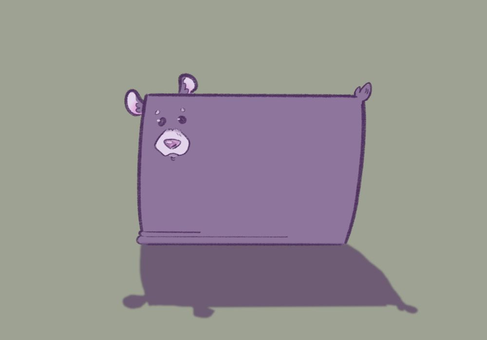 Illustration of a lavender, rectangular bear with a nub of a tail on one corner, its face peacefully blank. Its shadow is also rectangular.
