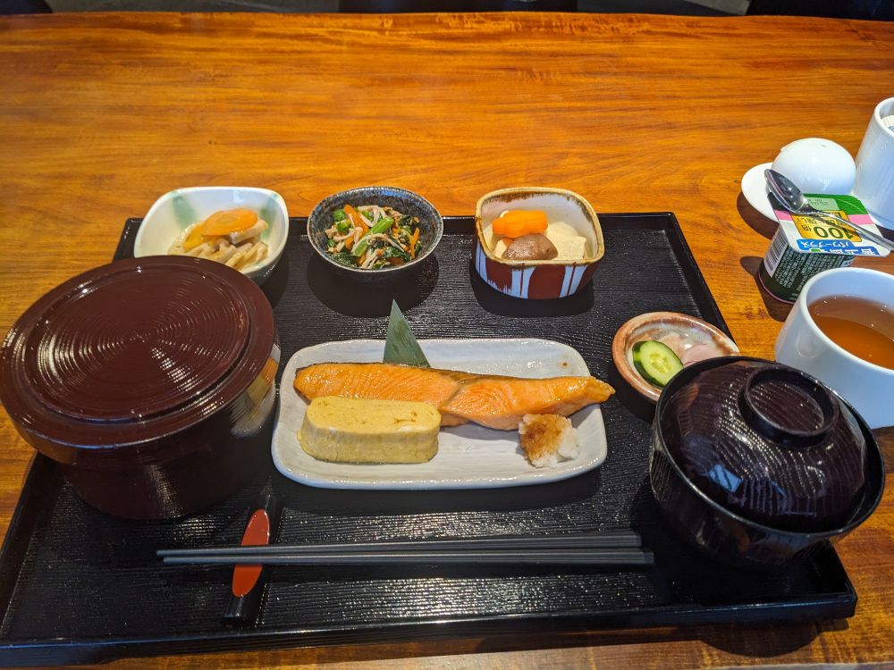 Salmon, omlette, and miso breakfast