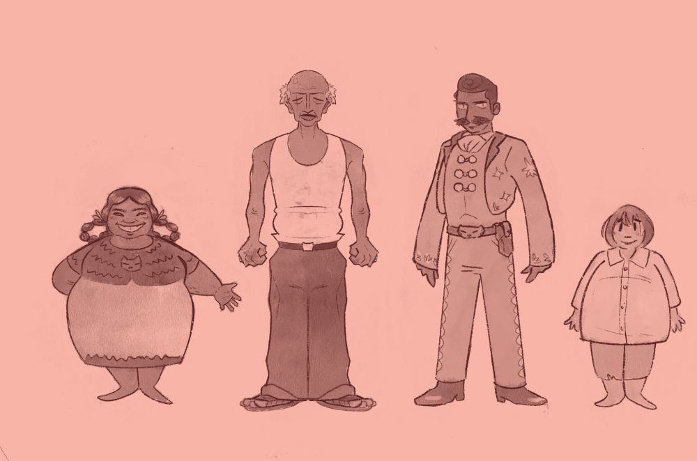 illustration of an old curandera, an old man, a mayor who looks suspiciously similar to Emiliano Zapata, and a young boy