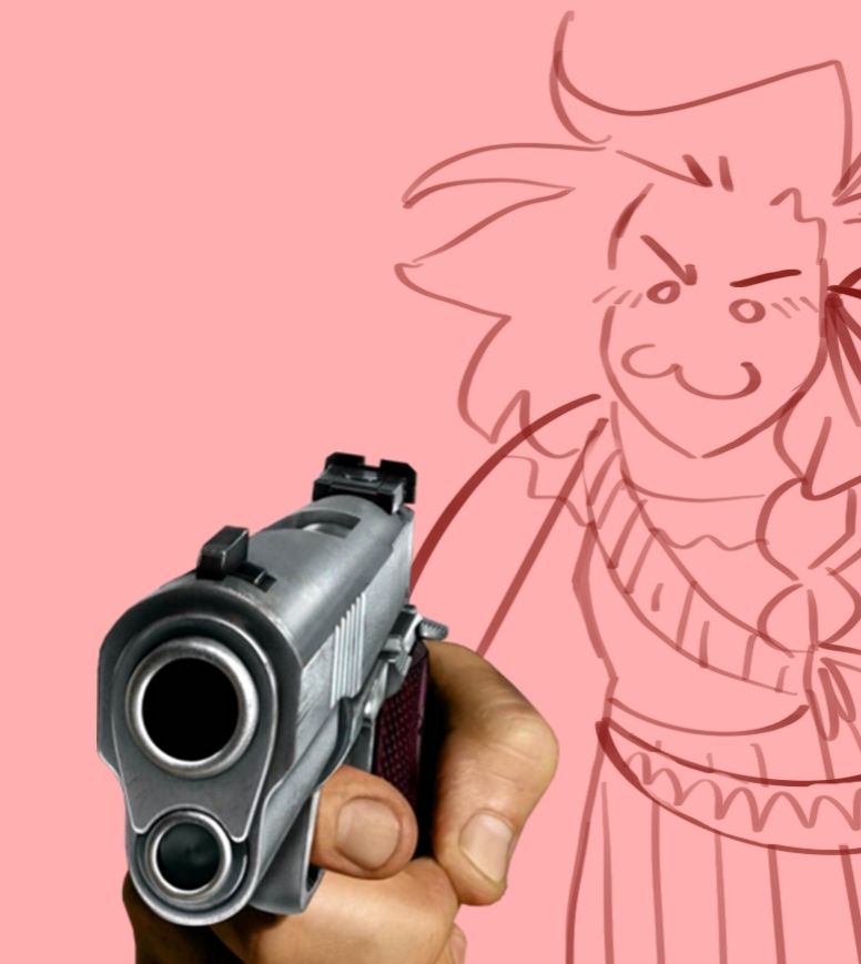 A young adult woman with a goofy face, holding a realistic gun.