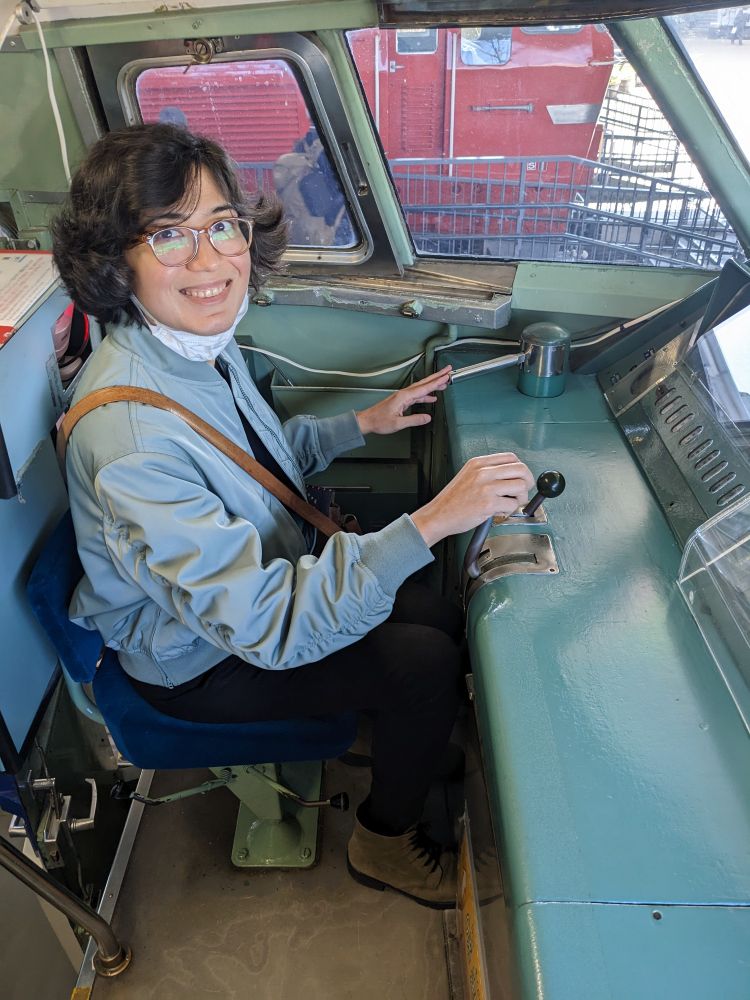 Jay in motorman seat of Shinkansen 0 model