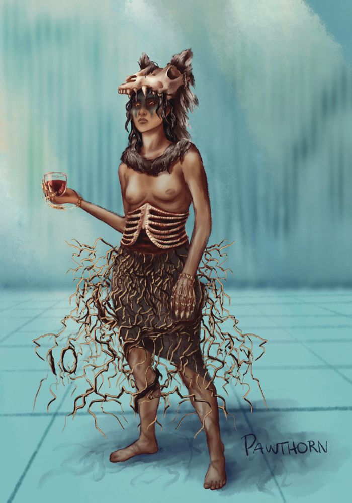 A digital painting of Asha, from Critical Role: Downfall dressed in a skull head-dress and fur cowl, a rib bone corset and skeletal gloves, and a skirt of dry, twining roots. She holds a glass of wine, looking down at the viewer intensely. Her chest is carelessly exposed.