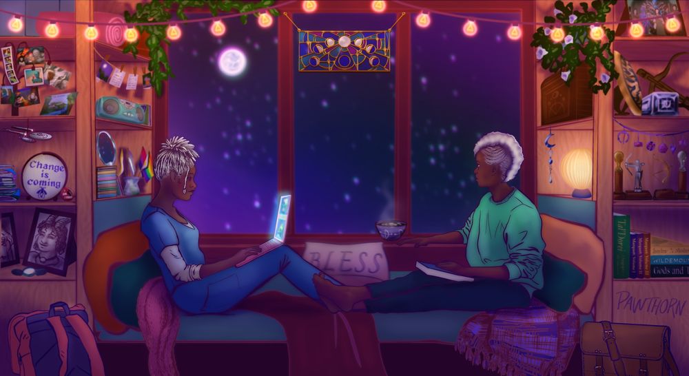A digital painting of Liana and Rei’nia Saph from Critical Role’s Exandria Unlimited: Divergence in a modern lofi setting. They are sharing a large window seat in front of a night-sky view with a prominent full moon. They are in a cozy setting, surrounded by shelves of photos and knick-knacks from their histories, as well as some that reference Celia Rose Gooding.