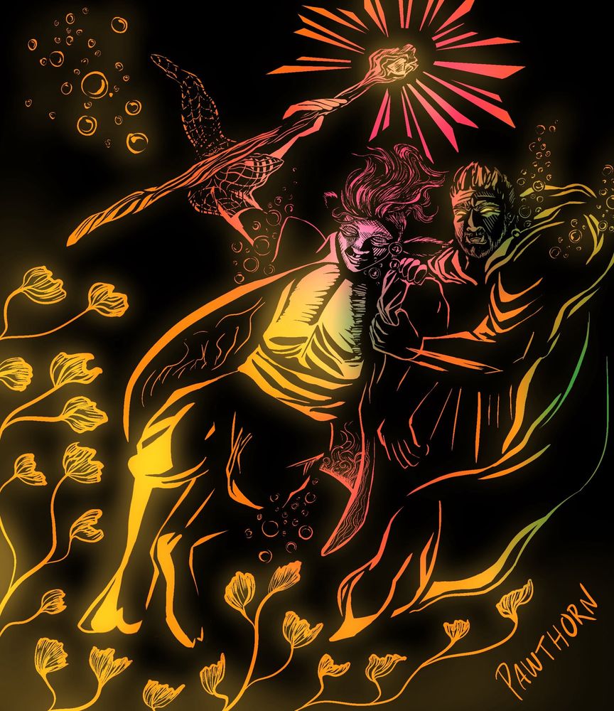 A digital line drawing of Fjord and Caduceus from Critical Role. They are underwater, with Fjord holding Caduceus back from entering the torchbloom tunnels on Rumblecusp.