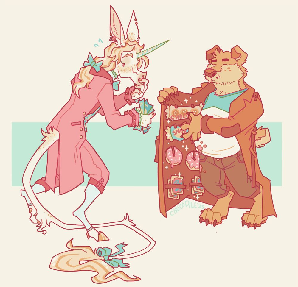 Beautiful rococo unicorn furry man Ambroys sweats as he buys wild berry Pop Tarts and packaged snackies from scruffy dog Frank, who is wearing a trenchcoat and selling them like counterfeit watches.