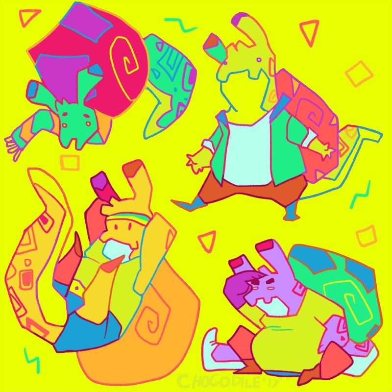 Four colorful and slightly abstract anthro snails exist in an angular manner on a yellow void