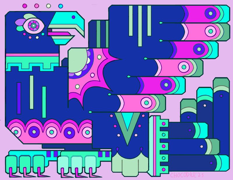 Trippy abstract crow or raven or red-winged blackbird creature made out of angles and abstract patterns, jammed into a square, in a blacklight color scheme.