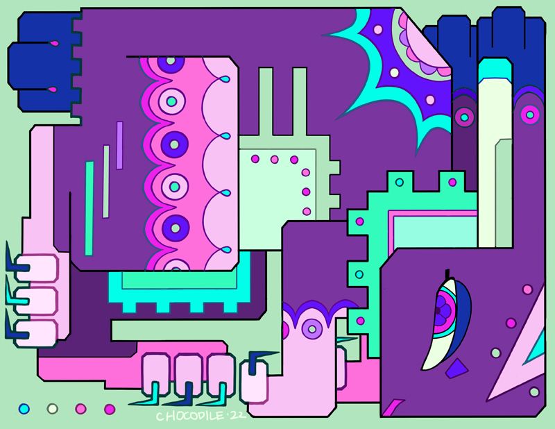 Trippy abstract rabbit or hare creature made out of angles and abstract patterns, jammed into a square, in a blacklight color scheme.