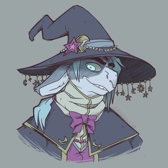 Bunny furry wizard man wears a stylish wizard hat covered with celestial danglies