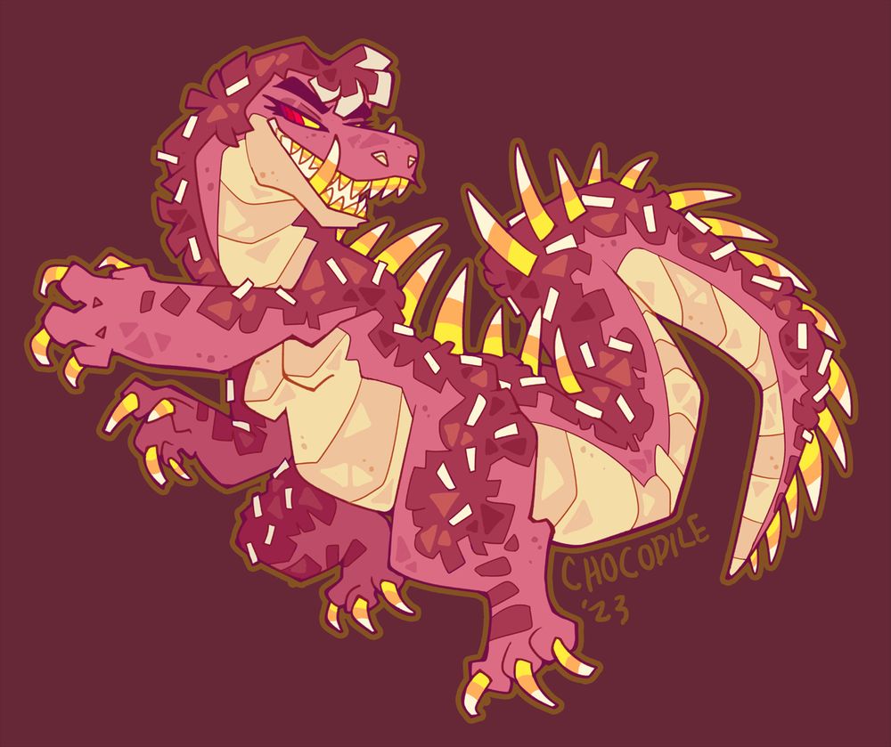 An unusually spiky version of Chocodile floating in a blank void, her candy corn spines and claws on full display