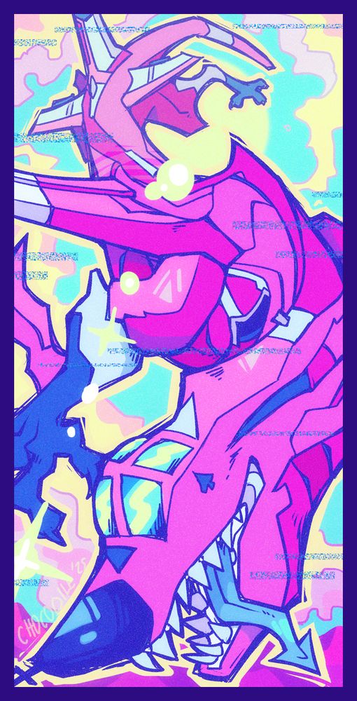 A reddish-pink fighter jet monster with four clawed limbs spirals through the sky toward the camera, mechanical body twisting, mouth hanging open, with sharp shark teeth and a spaded tongue hanging out. It looks like it's swooping down to attack the viewer.