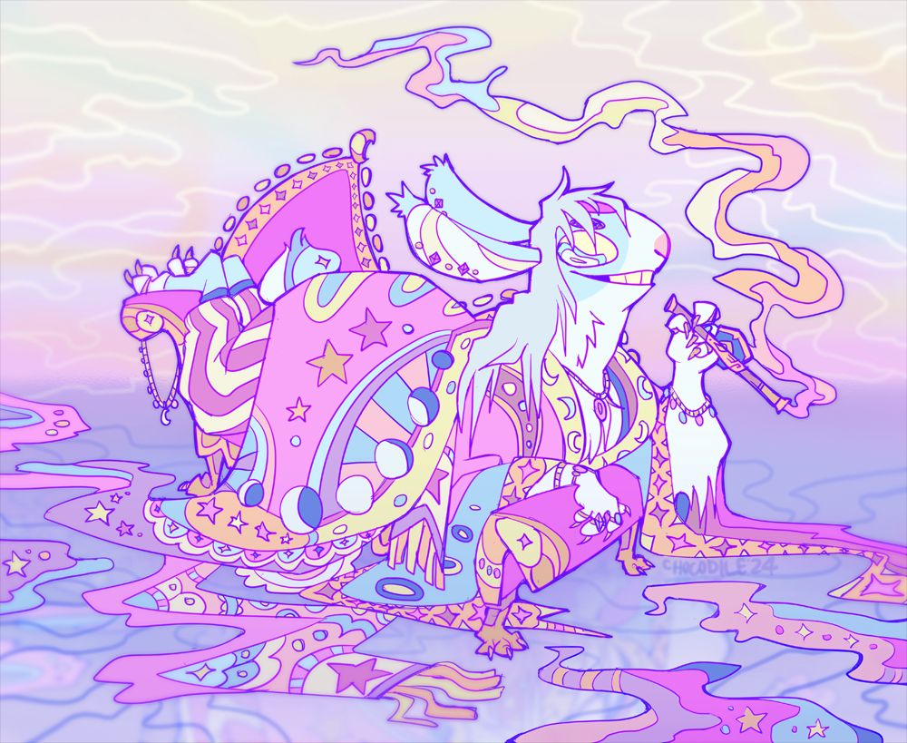 A rabbit wizard lounges on a couch smoking a Chinese opium pipe. He is draped in ornately patterned, psychedelic robes, silks, and jewelry that spill onto the floor and almost seem to melt.