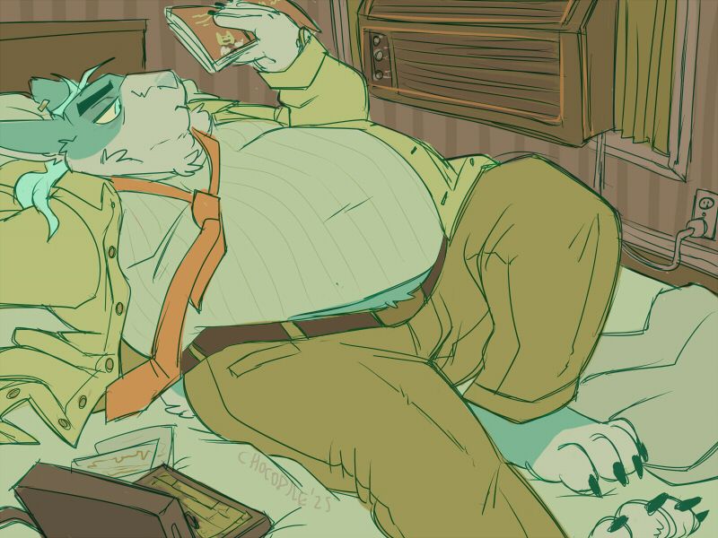 A rabbit furry with dutch rabbit markings reclines on a bed in a slightly dingy hotel room reading a book. His 80s laptop and some papers are next to him with an 80s air conditioner visible in the window behind. He is fat and is wearing dress pants, an unbuttoned dress shirt with an undershirt beneath, and a tie. It feels kind of pinup-y I guess.