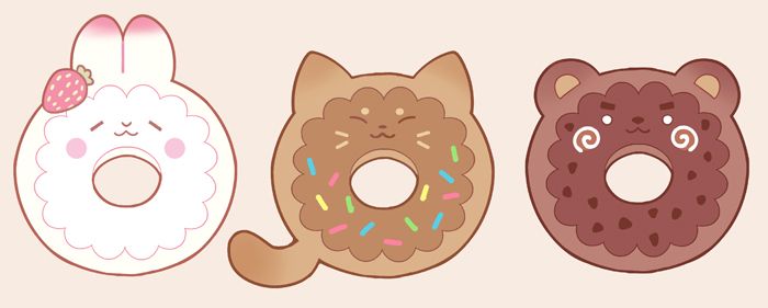 A vanilla strawberry cream bunny donut, a milk chocolate cat donut with rainbow sprinkles, and a dark chocolate bear donut with chocolate chips (and little swirly cheeks)
