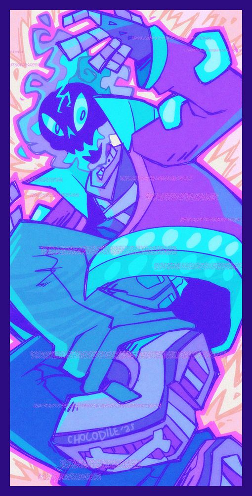 A skeleton man with a flaming skull for a head, a large heavy coat, jeans, and chunky sneakers jumping toward the camera, which is at a low angle beneath his shoes. The whole piece is done in shades of blue, purple, teal, and cyan.